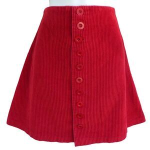 Vintage Compagnie Int'l Express RED Ribbed Corduroy Mini Skirt Full Button A-Lin